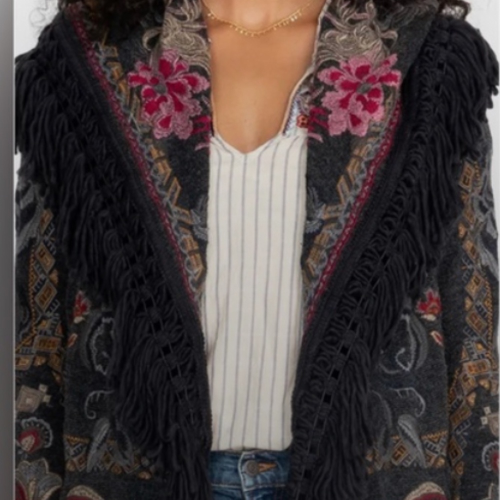 Boho Chic Johnny Was Hooded Fringed OMBRISA Duster - Picture 4 of 5